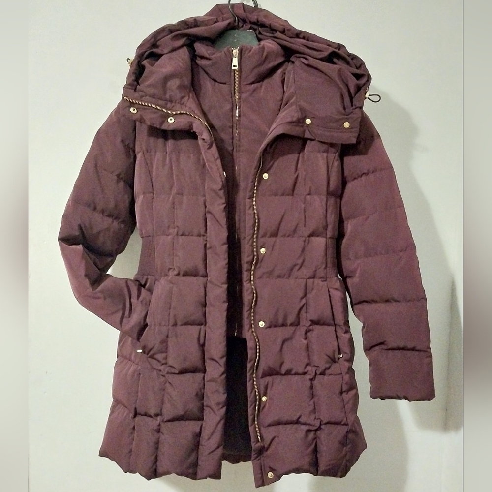 COLE HAAN Womens Merlot Taffeta Hooded Down Puffer Coat Elasticated Waist Size S